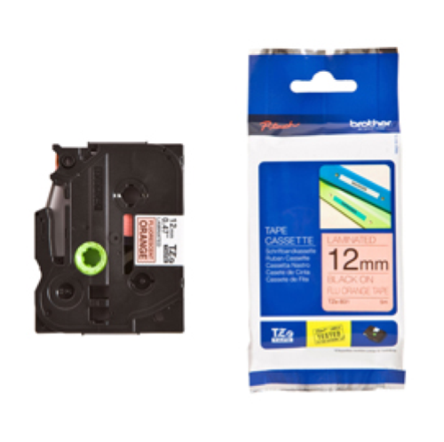 BROTHER TZE-B31 NASTRO LAMINATO 12MMx5MT COLORE ARANCIO FLUORESCENTE STAMPA NERO